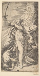 Judith, sua espada erguida na mão direita, colocando a cabeça de Holofernes na sa ..., ca. 1542-45.