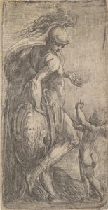 Marte parado à esquerda apoiado em um escudo, Cupido à direita, ca. 1542-46. de Andrea Schiavone