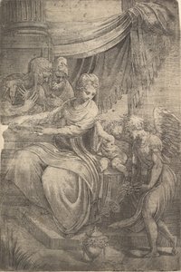 A Sagrada Família, um anjo segurando flores se aproximando da direita, ca. 1550-53. de Andrea Schiavone