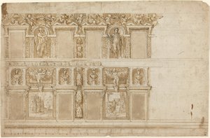 Uma parede palaciana ornamentada com esculturas e pinturas de Andrea Semino