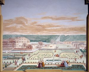 Desenho de perspectiva de uma vila e jardim imaginário, afresco de Andrea Urbani (1711-1798) na Villa Pisani, Stra, Veneto. Itália de Andrea Urbani