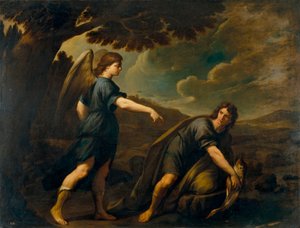 O Anjo e Tobias com o Peixe - Pintura de Andrea Vaccaro (1604-1670), óleo sobre tela (199,5x262 cm), cerca de 1640, arte italiana
