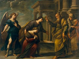 Raguel abençoa sua filha Sarah antes de partir para Ecbatane com Tobias (Bênção de Raguel de sua filha Sarah antes de deixar Ecbatana com Tobias) - Pintura de Andrea Vaccaro (1604-1670), óleo sobre tela (200,3x262 cm), cerca de 1640, arte italiana 17 sécul