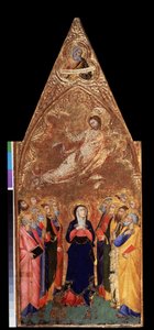 ""A Ascensão de Cristo"" Abaixo, a Virgem Maria e os apóstolos observando Jesus Cristo. Acima, representação do profeta Jeremias. Têmpera sobre madeira de Andrea Vanni (1332-1414) 1355-1360 Dim. 68x28 cm Museu Hermitage, São Petersburgo (São Pedro de Andrea Vanni