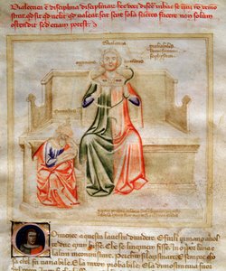 Allegorie de la Dialectic in "Chansonne des sept Vertus et des sept Arts liberales destinee a Bruzio Visconti" (La Canzone delle Virtu e delle Scienze) de Bartolomeo di Bartoli. Aquarela de Andrea di Bartoli (activa entre 1358 e 1368) (ms. 599, fo