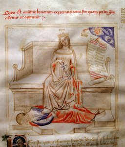 Allegorie de la Faith in "Chansonne des sept virtues et des sept arts liberaux destinee a Bruzio Visconti" (La Canzone delle Virtu e delle Scienze) de Bartolomeo di Bartoli. Watercolour de Andrea di Bartoli (activo entre 1358 e 1368) (ms. 599, fol. 5