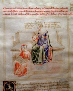 Allegorie de la Grammaire in "Chansonne des sept Vertus et des sept Arts liberales destinee a Bruzio Visconti" (La Canzone delle Virtu e delle Scienze) de Bartolomeo di Bartoli. Aguarela de Andrea di Bartoli (activa entre 1358 e 1368) (ms. 599, fo