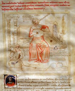 Allegorie de la Musique in "Chansonne des sept Vertus et des sept Arts liberales destinee à Bruzio Visconti" (La Canzone delle Virtu e delle Scienze) de Bartolomeo di Bartoli. Aguarela de Andrea di Bartoli (activa entre 1358 e 1368) (ms. 599, fol.