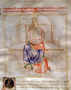 Allegorie de la Prudence in "Chansonne des sept Vertus et des sept Arts liberales destinee a Bruzio Visconti" (La Canzone delle Virtu e delle Scienze) de Bartolomeo di Bartoli. Aguarela de Andrea di Bartoli (activa entre 1358 e 1368) (ms. 599, fol