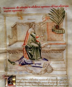 Allegorie de la Temperance in "Chansonne des sept virtues et des sept arts liberaux destinee a Bruzio Visconti" (La Canzone delle Virtu e delle Scienze) de Bartolomeo di Bartoli. Aguarela de Andrea di Bartoli (activa entre 1358 e 1368) (ms. 599, f