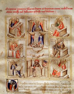 Representação dos médicos da igreja: São João, Santo Ambrósio de Milão, São Jerônimo, São Gregoire o Grande e São Paulo em "Canção dos Sete Vertus e o destino das Sete Artes Liberais para Bruzio Visconti" (La Canzone delle Virtu e dell de Andrea de Bartoli
