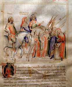 O autor ajoelha-se para apresentar o seu livro ao jovem príncipe Visconti de Milão em "Song of the Seven Vertus and the Seven Liberal Arts destinee for Bruzio Visconti" (La Canzone delle Virtu e delle Scienze) de Bartolomeo di Bartoli. Aguarela de Andrea d
