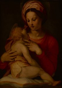 A Madona e o Menino (óleo no painel) de Andrea del (attr.to) Sarto