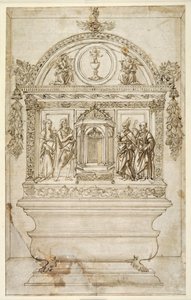 Desenho para o altar de uma capela, com um tabernáculo para a Eucaristia (caneta e tinta marrom com lavagem marrom sobre papel branco) de Andrea del (follower of) Verrocchio