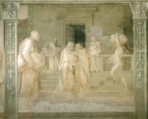 Visita da Virgem a Isabel, detalhe de Stories of Virgin de Andrea del Sarto (1486-1530), afresco em monocromo, Claustro de Scalzo, Florença de Andrea del Sarto