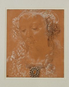 Cabeça de mulher, olhos baixos, ligeiramente virada para a esquerda ... de Andrea del Verrocchio