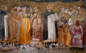 O triunfo da igreja militante: Tomás de Aquino perante os hereges e, em baixo à direita, Fra Dolcino rasgou a doutrina oficial da Igreja. Capela dos Espagniardos (Detalhe do fresco ,1365)