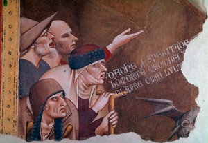 Detalhe de uma cena do Apocalipse retratando um grupo de inválidos, eclopes doentes e mendigos. O triunfo da Morte (Fresco