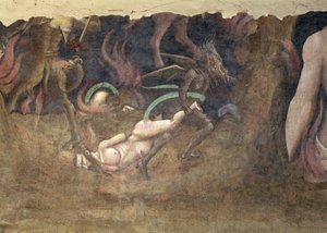 O triunfo da morte, detalhe de um demônio levando um pecador ao inferno, 1348 afrescos