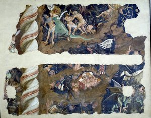 O triunfo da morte, detalhe de fragmentos representando o inferno, 1348 afresco
