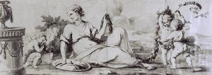 Figura feminina com putti, composição alegórica, ca. 1754, desenho de Andrea Appiani (1754-1817) para cómoda -bureau de Giuseppe Maggiolini, Itália de Andrea the Elder Appiani