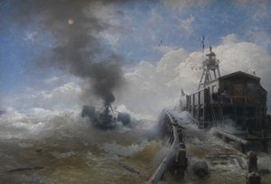 Um rebocador a sair do porto de Ostend na maré alta de Andreas Achenbach