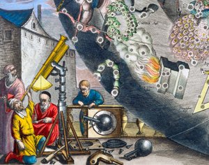 Astrônomos olhando através de um telescópio, 1660-1661 de Andreas Cellarius
