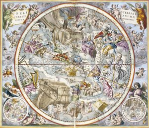Mapa das constelações cristãs como descrito por Julius Schiller, do atlas celestial, ou a harmonia do universo atlas coelestis seu harmonia macrocosmica pub. de Joannes Janssonius, Amste