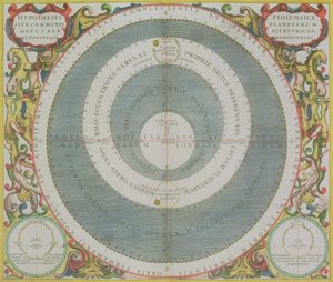 Sistema ptolomaico, da publicação "O Atlas Celestial, ou A Harmonia do Universo" (Atlas coelestis seu harmonia macrocosmica). por Joannes Janssonius, Amsterdam, 1660-61 (gravura colorida à mão) de Andreas Cellarius