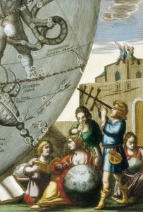 Cientistas (astrólogos e astrônomos) estudando os globos e a carta celeste, detalhe da Atlas Coelestis sua Harmonia Macrocosmica de Andreas Cellarius (1596-1665) de Andreas Cellarius