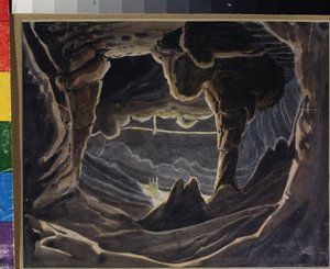 Gruta - Projecto de palco para a ópera "Ruslan e Lyudmila" de Mikhail Glinka (1804-1857) Trabalho de Andreas Leonhard Roller (1805-1891), aguarela e guache sobre papel
