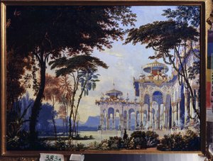 Palácio - Decoração preparatória para a ópera "Rouslan e Lyudmila" de Mikhail Glinka (1804-1857) - Cenário para a ópera Ruslan e Lyudmila de M Glinka - Obra de Andreas Leonhard Roller (1805-1891), aquarela e guache sobre papel