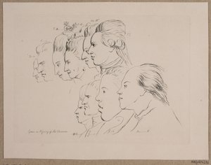 10 retratos: Enevold Brandt, Johann Friedrich Struensee, Caroline Mathilde, Julieane Marie, Príncipe Hereditário Frederik, Christian VII, Marie Jeanne Clemens, J. F. Clemens, Jens Juel e Nicolai Abildgaard