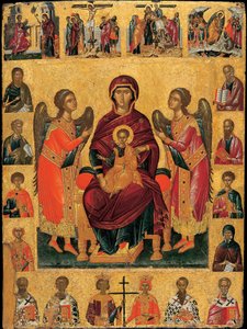 A Virgem e o Menino entronizados (com dois anjos, a cena é enquadrada por figuras de evangelistas e santos, superados por cenas da Paixão e abaixo, os patriarcas da Igreja) - Ícone de Andreas