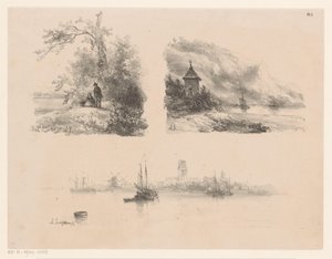 Figuras em uma floresta, um rio ao longo de uma costa montanhosa e barcos na água de Andreas Schelfhout