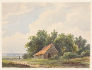 Paisagem com celeiro e um pastor com ovelhas à distância de Andreas Schelfhout