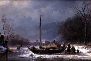 Camponeses em um barco em um rio congelado (óleo sobre tela)