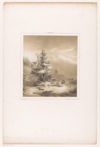 Paisagem de inverno com pinheiros e um homem com um trenó de Andreas Schelfhout