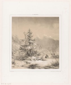 Paisagem de inverno com pinheiros e um homem com um trenó de Andreas Schelfhout