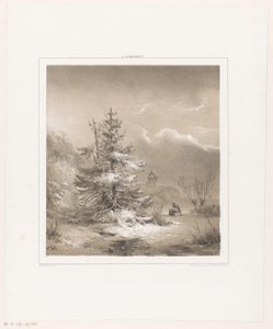 Paisagem de Inverno com árvores coníferas e homem com marreta de Andreas Schelfhout