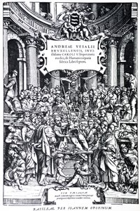 As páginas de título da segunda edição da Placa Humano Devices corpo 3, 1555 de Andreas Vesalius