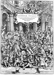 A página de título do corpo humano, Vesalius&39; Fabrica desenho mostrando dissecando corpo 1543