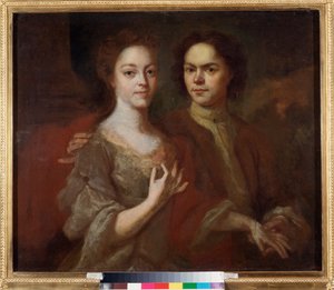 Autoportrait avec son epouse (Auto-retrato com a Mulher) - Peinture de Andrei Matveyevich Matveyev (Matveiev) (1701-1739), huile sur toile, vers 1729 - Art russe, portrait 18e siecle - Museu Estatal da Rússia, São Petersburgo de Andrei Matveyev