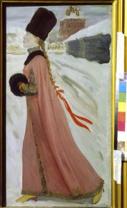 Moscovo jovem no século 17 (Moscow Girl do século 17). Retrato de um aristocrata de Boyard (boiard, boiar) andando arrogantemente por uma rua nevada. Obra de Andrei Petrovich Ryabushkin (Riaboutchkine) (1861-1904), óleo sobre papelão