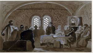 A Duma no tempo dos Boyars (boiares, boiares) (The Boyar Duma). Conselho Consultivo dos Príncipes de Kievan Rus (Ruthenia) no tempo do Czar Miguel I da Rússia (1596-1645). Trabalho de Andrei Petrovich Ryabushkin (Riabuchkin) (1861-1904), aguarela