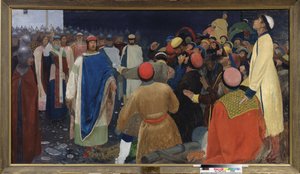 O príncipe Gleb Sviatoslavich (d. 1079) mata um volkhve (adivinho eslavo) num veche em Novgorod. Pintura de Andrei Petrovich Ryabushkin (Riabuchkin) (1861-1904), óleo sobre tela