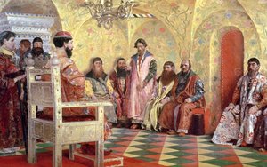 Czar Mikhail Fyodorovich (1596-1645) com os boiardos sentados em seu quarto, 1893