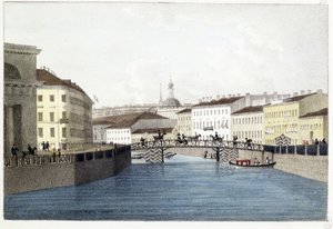 Le pont Bolshoi Koniushennyi a Saint Petersbourg. (Ponte Bolshoi Koniushennyi em São Petersburgo). Lithographie et aquarelle de Andrei Yefimovich Martynov (1768-1826)