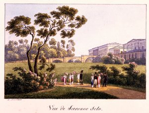 "Vista da Galeria Cameron no Parque em Tsarskoye Selo" de Andrei Yefimovich Martynov (1768-1826), Caneta, pincel, aguarela, tinta e cor branca sobre papel antes de 1817 - Galeria Tretyakov do Estado de Moscovo de Andrei Yefimovich Martynov