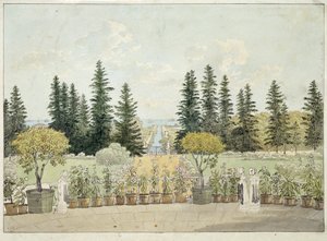 Vista do terraço do Palácio Oranienbaum em Lomonosov, aglomeração de São Petersburgo (Vista do terraço do Grande Palácio Oranienbaum). Obra de Andrei Yefimovich Martynov (1768-1826), aquarela sobre papel de Andrei Yefimovich Martynov